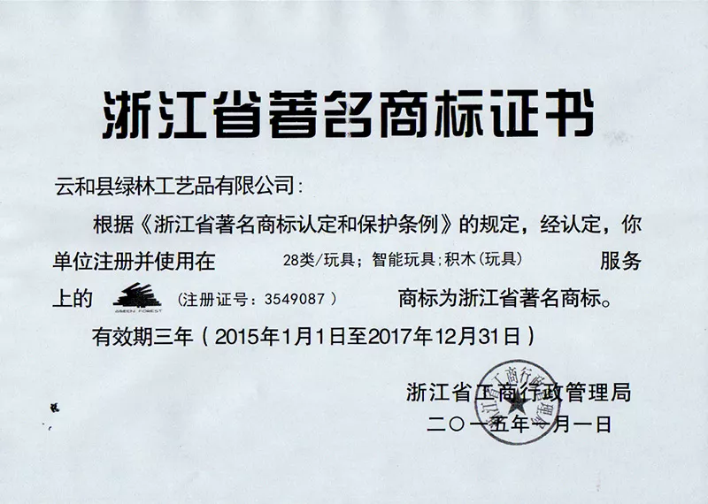 浙江省著名商标证书